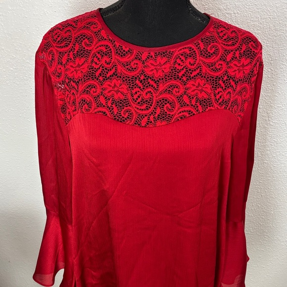 1011 I.N. Studio Red Lace Detail Blouse w/flare sleeves - Picture 3 of 10
